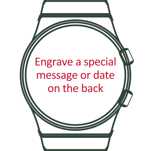 Graphic of a watch back displaying an engraving area for personalized messages.